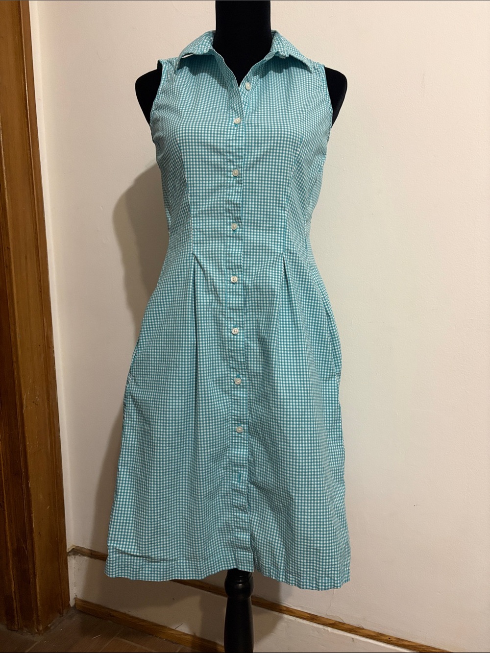 NWOT Talbots Aqua Gingham Sleeveless Button-Front Midi Dress 8Psz Side pockets